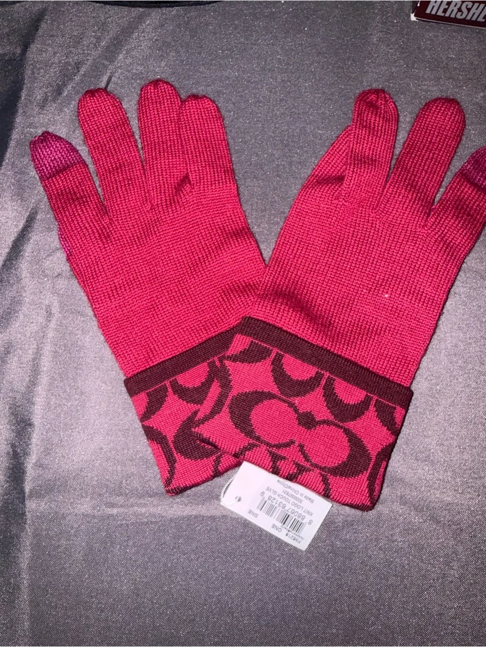 Coach Hot Pink Signature Cuff Knit Gloves with Dark Logo
